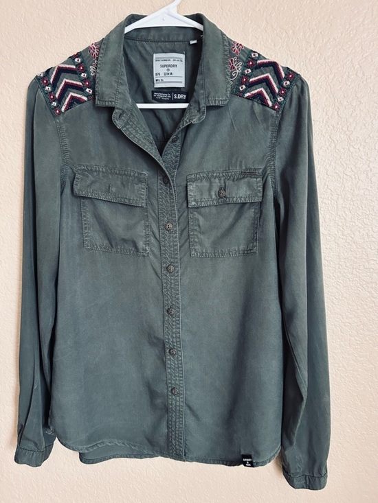 Superdry Tops - Superdry Olive Utility Embroidered Long Sleeve Button Down Shirt